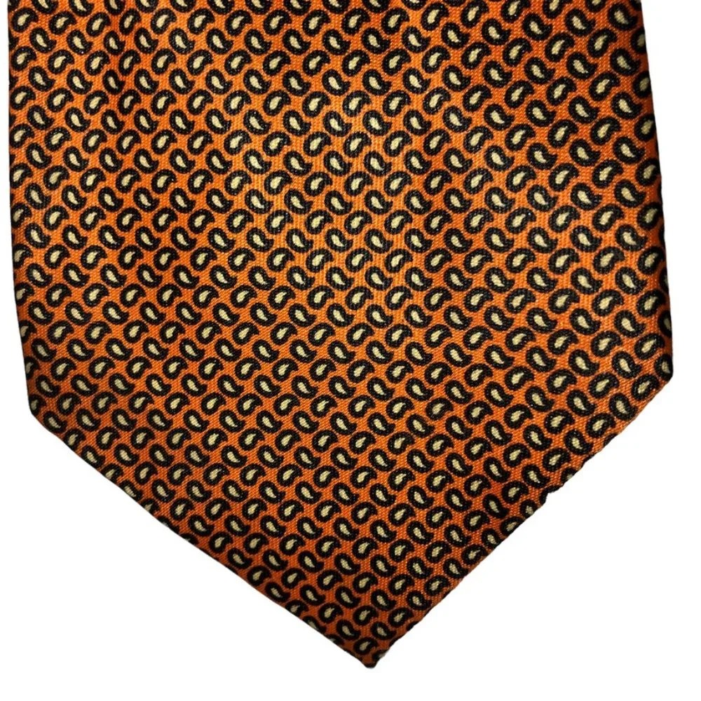 rene chagal Hand Made orange black cream mini paisley print SILK tie